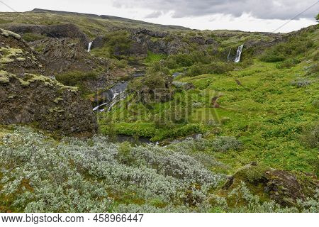 Drone View At The Waterfalls Of Gjain In Iceland