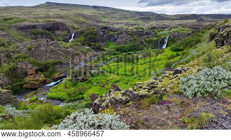 Drone View At The Waterfalls Of Gjain In Iceland