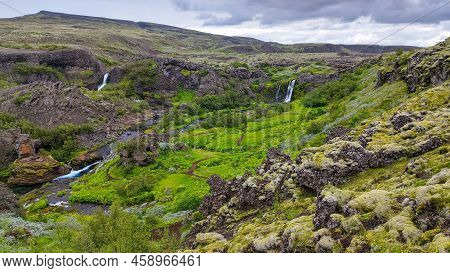 Drone View At The Waterfalls Of Gjain In Iceland