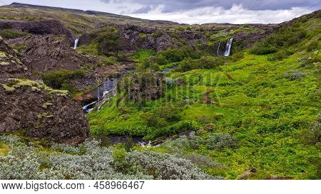 Drone View At The Waterfalls Of Gjain In Iceland