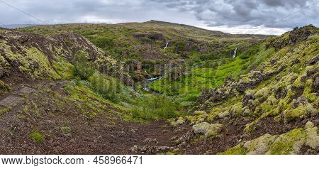 Drone View At The Waterfalls Of Gjain In Iceland
