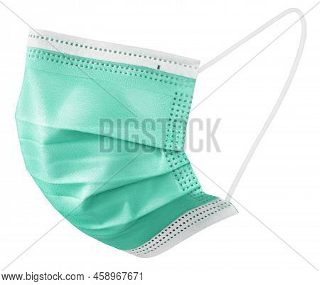 Green Medical Protective Face Or Surgical Earloop Mask Isolated On White Background With Clipping Pa