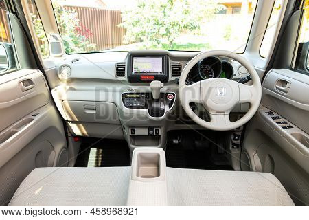 Novosibirsk, Russia -  July 29, 2022:   Honda N-box, Interior Of New Modern  Car With Automatic Tran