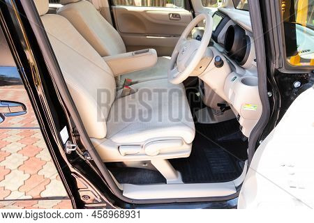 Novosibirsk, Russia -  July 29, 2022:   Honda N-box, Interior Of New Modern  Car With Automatic Tran