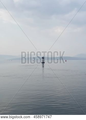 Single Lighthouse Mindfulness Empty Background With Ocean And Blank Sky