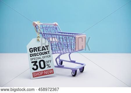 Great Discount Special Offer 30% Off Text Message On Price Tax With Shoppint Trolley Cart On Blue An