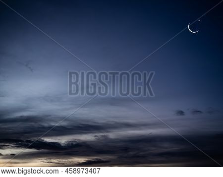 Ramadan, Eid Ai-fitr,new Year Muharram Islamic Religion Symbols With Crescent Moon And Star Silhouet