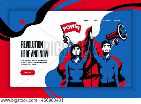 Revolution Here Now Slogan Website Banner  Vintage Style Design With Power In Unity Concept Symbol V