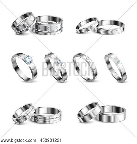 White Gold Platina Noble Metals Wedding Rings 6 Realistic Isolated Sets Jewelry Shadow Neutral Backg