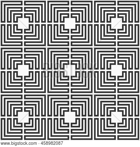 Seamless Vector Pattern. Black Square Tiles On White Background. Symmetric Geometric Trellis Motif. 