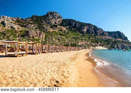 Tsambika, Greece - July 2, 2022: Sandy Tsambika Beach At Rhodes Island In Greece