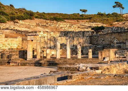 Archaeological Site Ancient Kamiros Town In Rhodes Island At Greece: Ruins Of Hellenistic Doric Temp