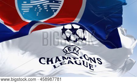 Istanbul Tur, July 2022: Flags With Uefa And Uefa Champions League Waving In The Wind. Champion Leag