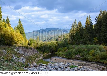 View Of High-altitude Forest Lake Ozirtse By Sunny Autumn Day Near Synevyrska Poliana, Zakarpattia O