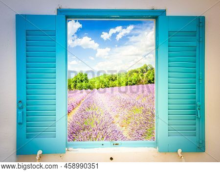 Provence Window With Lavender Flowers Field, France