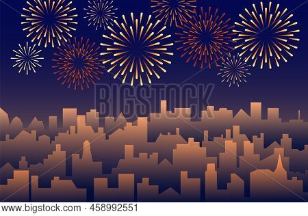 Festive Fireworks On A Night Background. Colorful Bright Fireworks In The Night Sky. Celebration Fir