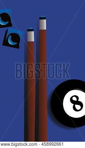 Vector Illustration Depicting A Set Of Items For Playing Billiards, For Decorating Billiard Rooms, B