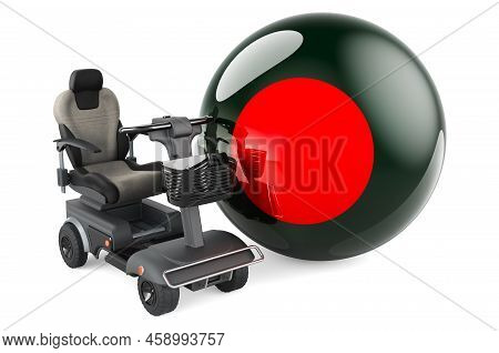 Bangladeshi Flag With Indoor Powerchair Or Electric Wheelchair, 3d Rendering Isolated On White Backg