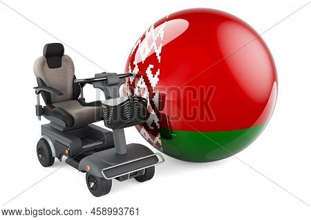 Belarusian Flag With Indoor Powerchair Or Electric Wheelchair, 3d Rendering Isolated On White Backgr