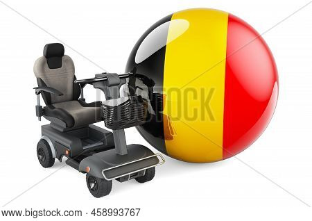 Belgian Flag With Indoor Powerchair Or Electric Wheelchair, 3d Rendering Isolated On White Backgroun