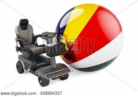 Seychelloise Flag With Indoor Powerchair Or Electric Wheelchair, 3d Rendering Isolated On White Back
