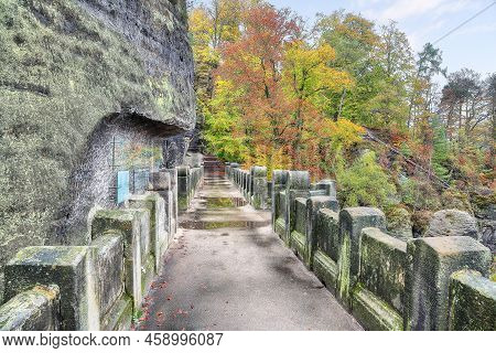 Picturesque Autumn Landscape In Saxon Switzerland National Park And  Bastei Bridge.   Location: Lohm