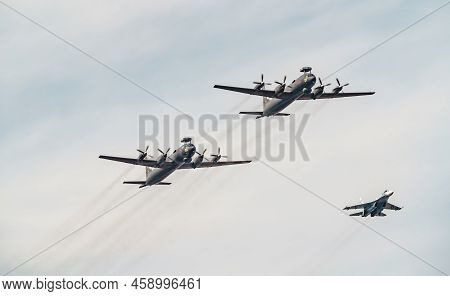 Russia, St. Petersburg, 28 July 2022: Military Aircraft And Helicopters Of The Air Force Fly On The 