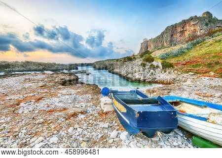 Breathtaking Evening Seascape Of Isolidda Beach On San Vito Cape. Popular Travel Destination Of Medi
