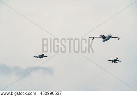 Russia, St. Petersburg, 28 July 2022: Military Aircraft And Helicopters Of The Air Force Fly On The 