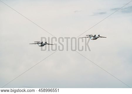 Russia, St. Petersburg, 28 July 2022: Military Aircraft And Helicopters Of The Air Force Fly On The 