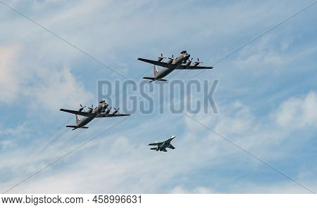 Russia, St. Petersburg, 28 July 2022: Military Aircraft And Helicopters Of The Air Force Fly On The 