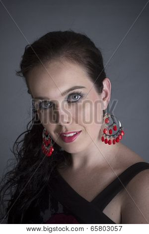 Italian woman green eyes wear red top