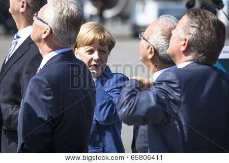 BERLIN, GERMANY - MAY 20, 2014: German Chancellor Angela Merkel during open the International aviation and space exhibition ILA-2014.