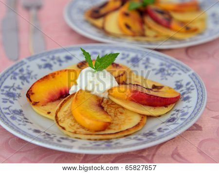 pancakes and fried peaches