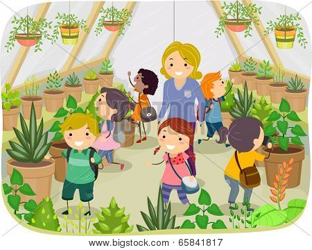 Illustration of Kids Touring a Greenhouse