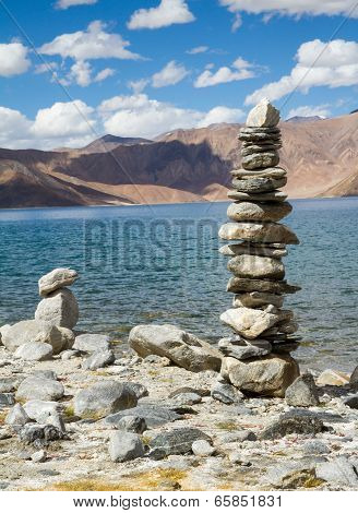 Pangong Tso Mountain Lake Panorama With Buddhist Stupas In Forefront