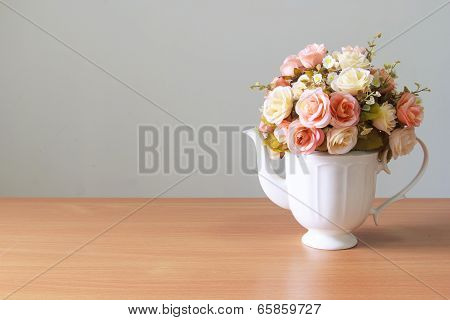 Romantic  A Bouquet Of Roses  On Wooden Table