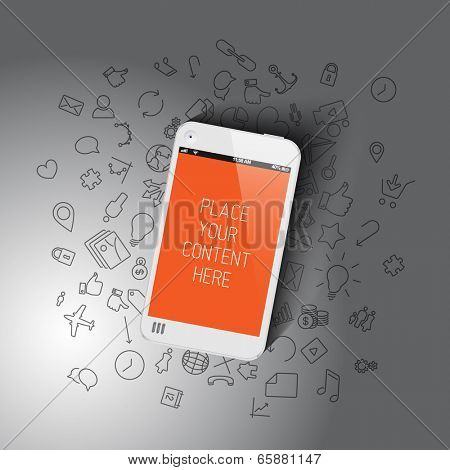 Realistic smartphone template with background icons and place for your content