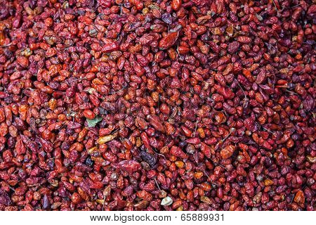 Pile Of Dried Chiltepe Peppers For Sale At Chichicastenango Market Guatemala