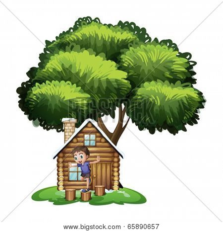 Illustration of a boy playing outside the house under the tree on a white background