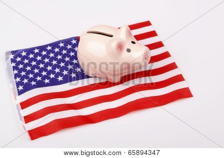 Pig Money Box And Usa Flag