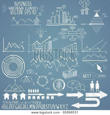 set of hand drawn business finance elements vector illustration. Concept - bank, stats, economy, mon