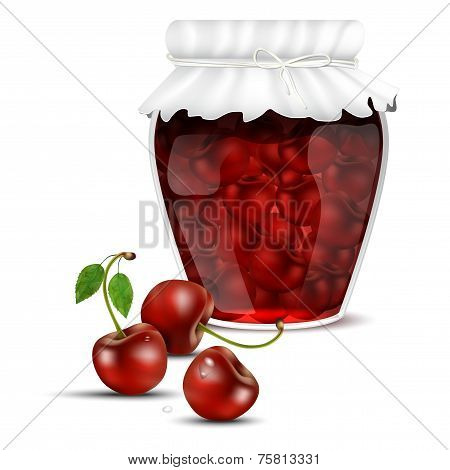Cherry Jam In A Jar And Fresh Cherries