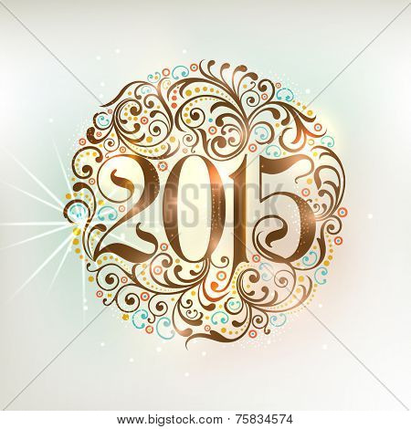 Beautiful floral decorated X-mas ball with stylish text 2015 on shiny grey background for Happy New Year celebrations.