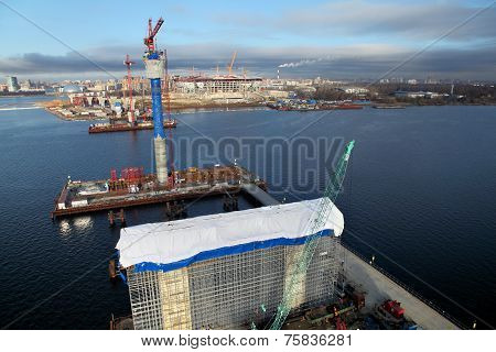 Construction Site Cable Stayed Bridge Across The Gulf Of Finland.
