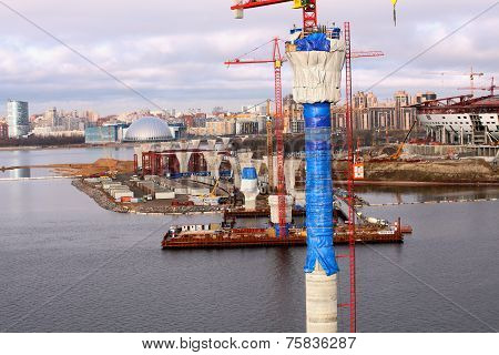 Pylon Cable Stayed Bridge Under Construction The Gulf Of Finland.