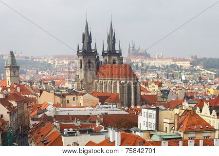 Old Tiled Roofs Of Prague, Czech Republic.