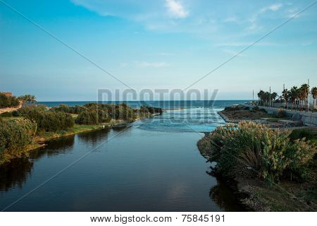 Besos River Outfalls Into The Sea, Barcelona