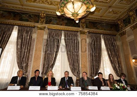 MOSCOW - JUNE, 20: Ambassador C. M. Ragaglini and film team. Press conference Russian Italian film Amori elementari. Welcome reception at the Embassy of Italy. June 20, 2014 in Moscow, Russia