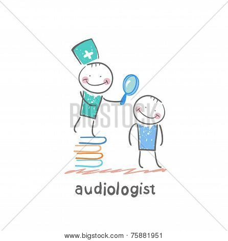 otolaryngologist stands on a pile of books and looking through a magnifying glass on the patient's e